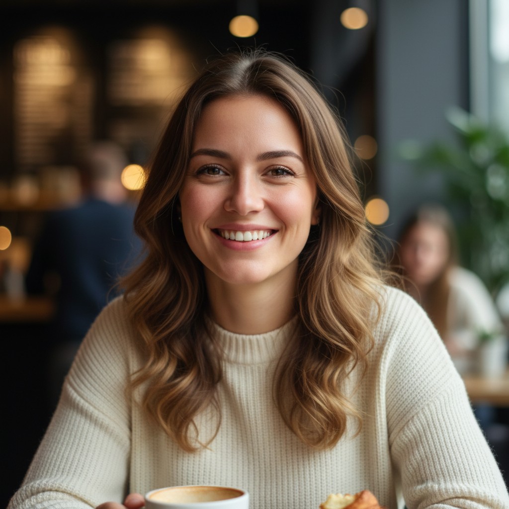 A young woman with long, wavy brown hair and a warm white sweater smi ling at a coffee shop.