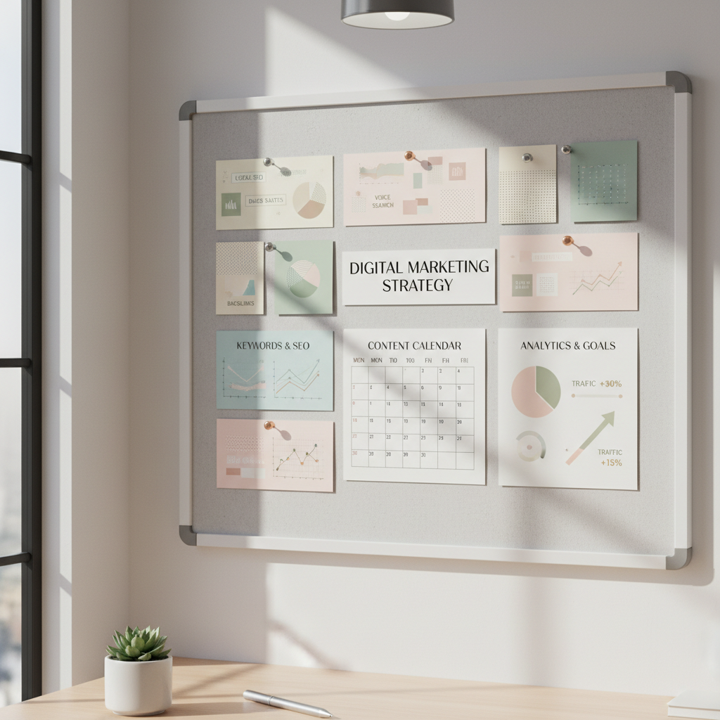 A pristine light gray corkboard, meticulously arranged with color-coded sticky notes and polished metal pushpins, standing against a neutral wall in a bright, modern office corner. On the board, professionally printed keywords, SEO graphs, and a minimalist calendar are placed with precision, all featuring subtle pastel neutrals and soft geometric patterns. Soft overhead daylight defines the clean lines of each note, and natural side lighting from an unseen window casts gentle, elongated shadows for depth. The atmosphere is analytical yet inviting, suggesting strategic creativity. Captured from a slightly elevated angle for a clear, structured layout with a balanced composition and photographic realism, ideal for illustrating organized digital marketing strategy sessions.