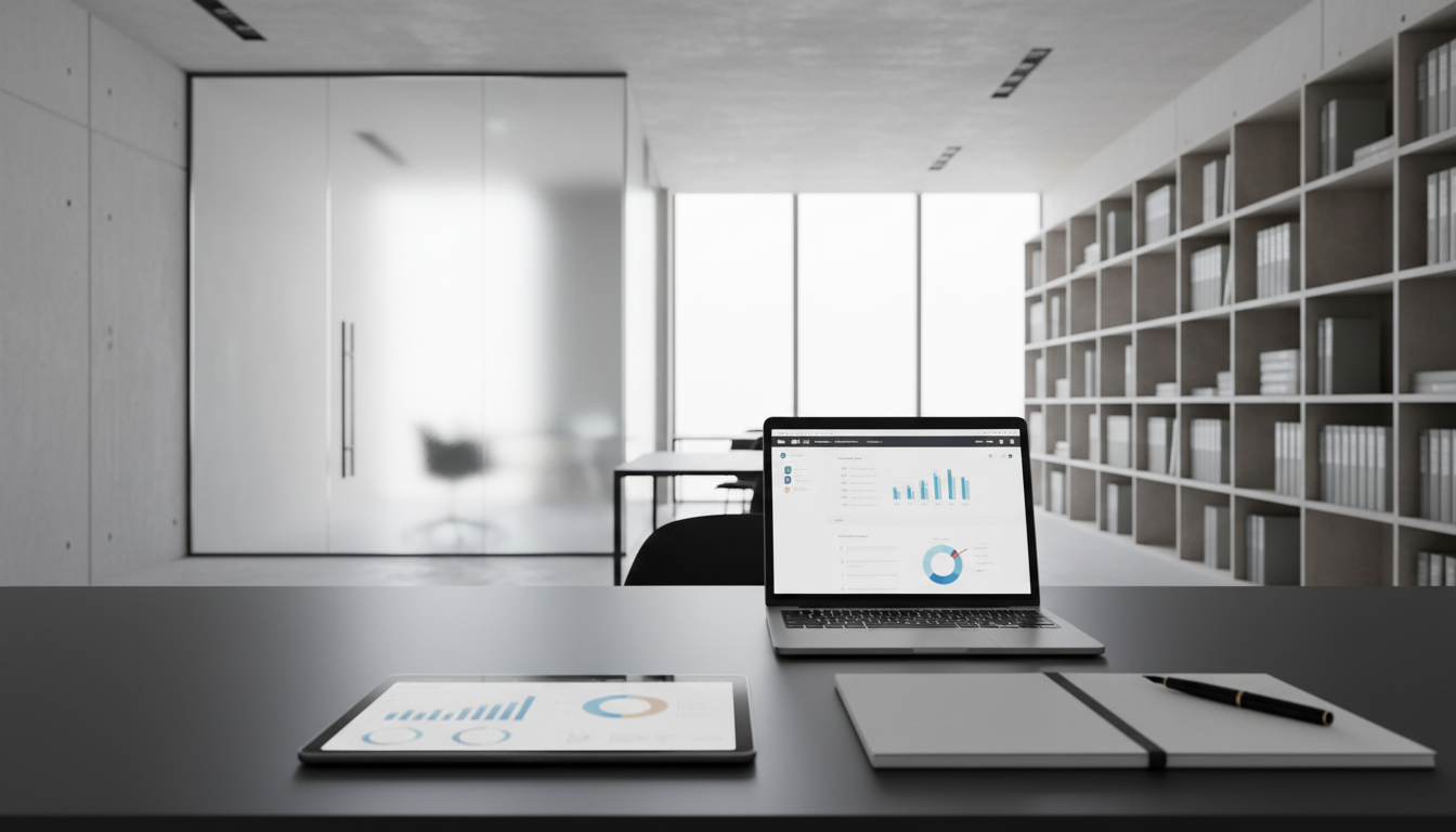 A sleek, ultra-modern workspace featuring a large, matte charcoal desk surface with a slim digital tablet, classic white notebook, and a silver laptop carefully arranged with clean lines. The environment is a spacious office with minimalist décor—neutral-toned walls, a frosted glass partition, and structured shelves holding understated business books. Soft, diffused daylight pours in from tall windows, creating crisp highlights on the tech devices while casting gentle, controlled shadows across the desk. The mood is focused and professional, capturing an atmosphere of efficiency and clarity. Photographed from an eye-level perspective with balanced composition and shallow depth of field, the scene emphasizes organization and digital expertise. The overall aesthetic is photographic realism, supporting an image of digital marketing proficiency and strategic planning.